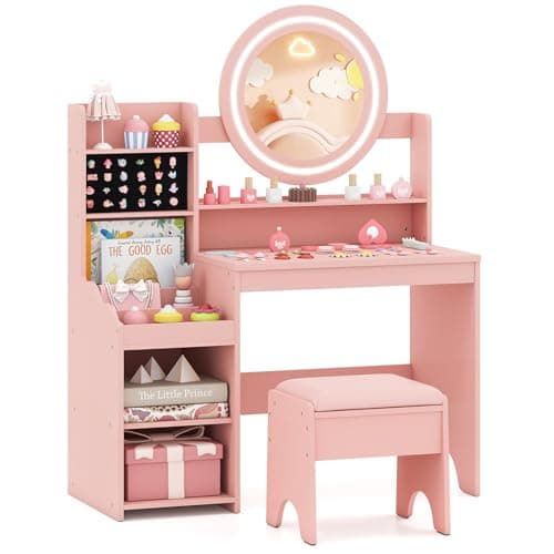 Image of COSTWAY Kids Dressing Table, Girls Vanity Set with Lighted Mirror, Upholstered Stool, Storage Shelves, Rings Slots, Make Up Pretend Dresser Desk Chair Set for Playroom Kids Room (Pink)