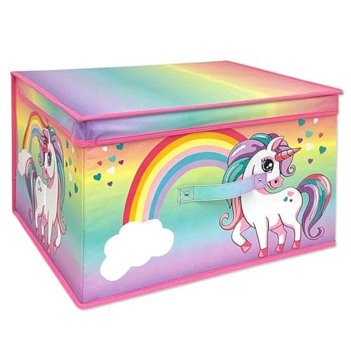 Image of The Magic Toy Shop Large Foldable Kids Toy Storage Box with Lid - Rainbow and Unicorn Design - Collapsible Fabric Organizer for Children's Toys, Crafts, Clothes - for Boys & Girls Bedroom 50x30x40cm