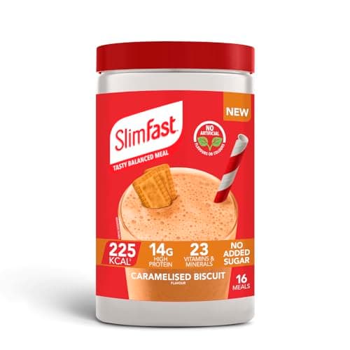 Image of SlimFast Balanced Meal Shake, Healthy Shake for Balanced Diet Plan with Vitamins and Minerals, High in Fibre, Meal Replacement, Caramelised Biscuit Flavour, 16 Servings, 584 g