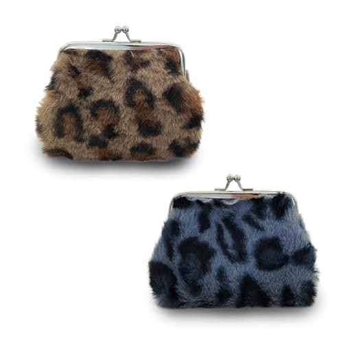 Image of FuninCrea 2pcs Coin Purse, Plush Small Coin Purse Portable Coin Pouch with Leopard Pattern for Women and Girls, Kiss Lock Coin Wallet Change Pouch for Store Coin Cards Keys Cash (Grey+Brown)
