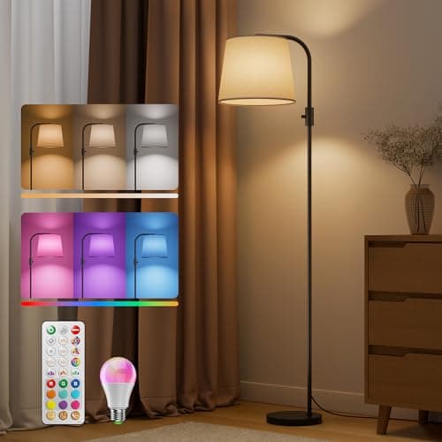 Image of VARICART LED Floor Lamp for Living Room, Arc Dimmable Standing Reading Lamp with 10W RGBCW Color Changing Bulb, Modern Tall Lamps with Linen Lampshade for Bedroom Office Kid Room, Black