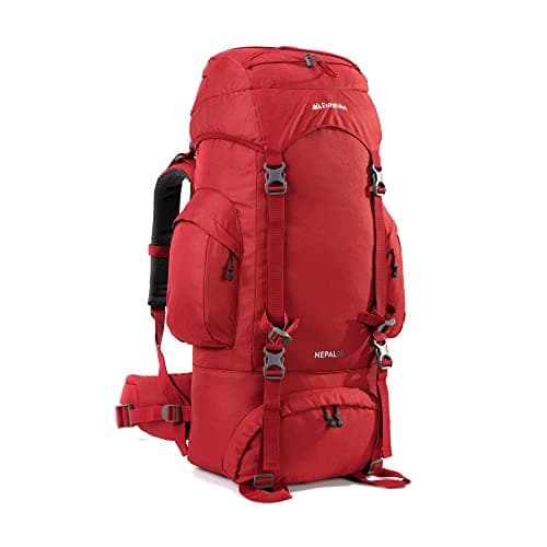 Image of Eurohike Nepal 65 Litre Rucksack with Ventilated Back Panel & Padded Harness, 65L Backpack, Bag for Men & Women, Adjustable, Lightweight, Camping, Hiking, Trekking, Travelling, Outdoors, Red