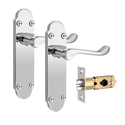 Image of Pinlin Polished Chrome Richmond Lever On Rose Door Handles, Door Lever with Adjustable Mortice Latch, Ideal for Internal Wooden Doors for Home and Office