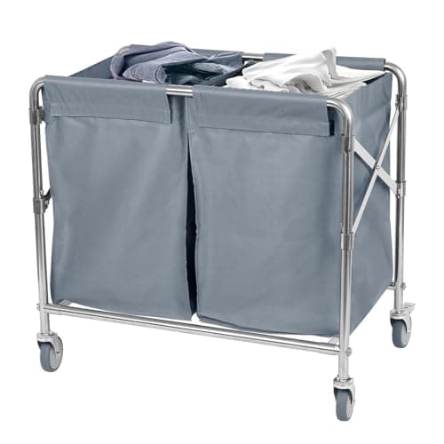 Image of Nisorpa Laundry Trolley 2 Section Divided Foldable Laundry Basket 300L Commercial Laundry Sorter on Wheels Heavy Duty Laundry Hamper Collapsible Laundry Cart Large Folding Laundry Trolley