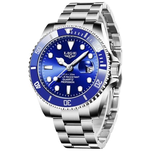 Image of LIGE Mens Watches, Quartz Analogue Watches for Men, Stainless Steel 3ATM Water Resistance, Luminous Hands with Date Function, Classic Simple Style, Casual Fashion Accessories, Blue