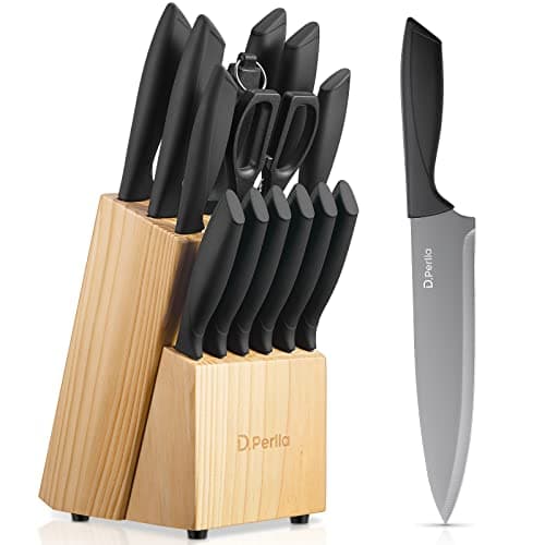 Image of Knife Set with Block, D.Perlla 15 Pieces Kitchen Knife Set, Non Stick Black Coating Stainless Steel Knife Set, No Rust, Sharp Knives Set, Non-Slip Ergonomic Handle