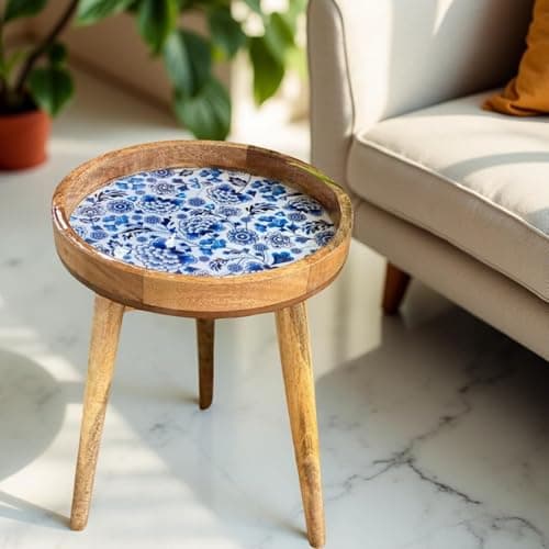 Image of Hartsmede Mango Wood Side Table 13" – Handmade Boho Accent with Resin-Coated Enamel Top, Lightweight & Strong, Detachable Legs, Small Round End or Bedside Table (Santorini 24")