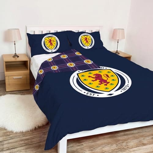 Image of Official Scotland National Team Reversible Duvet Set - Double Bed Size (200x200cm) - Navy Football Crest & Tartan Design Bedding with 2 Pillowcases - Perfect for Fans