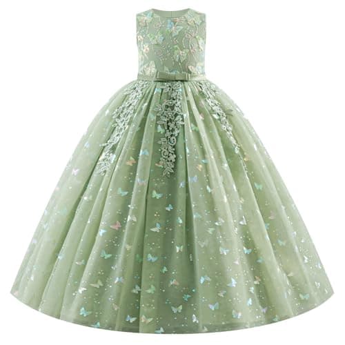 Image of IBAKOM Girls Princess Dress: Sleeveless Sparkle Sequins 3D Flower Ruffle Tulle Tutu Flower Girl Dress - Birthday Wedding Party Ball Gown Green 120