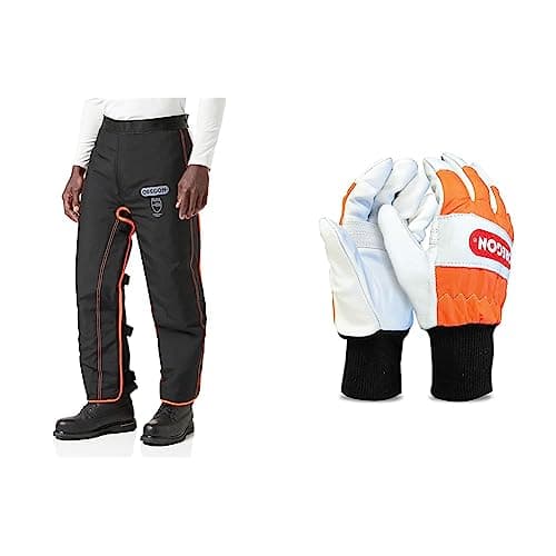 Image of OREGON Universal Type A Chainsaw Safety Leggings, Adjustable Protective Chaps Trousers - Front Protection Only (575780) & Medium Chainsaw Gloves