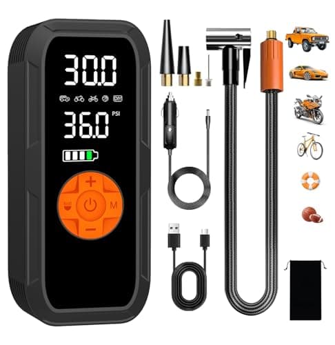 Image of Vulisox Corded/Cordless Tyre Inflator Portable Air Compressor, 6000 mAh 150PSI 12V DC Electric Tyre Pump with LED Lights Emergency, Auto Shut-Off, Rechargeable as Power Bank, for Car, Bike,Ball