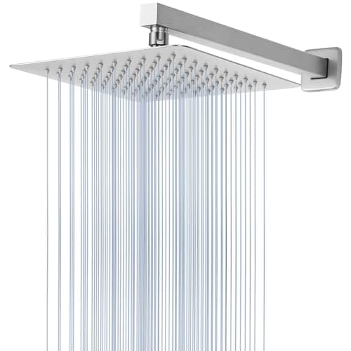 Image of Voolan All Metal Shower Head with Extension Arm, Stainless Steel Waterfall Rainfall, High Flow Bathroom Square Rain (10'' Head with 16'' Arm, Chrome)
