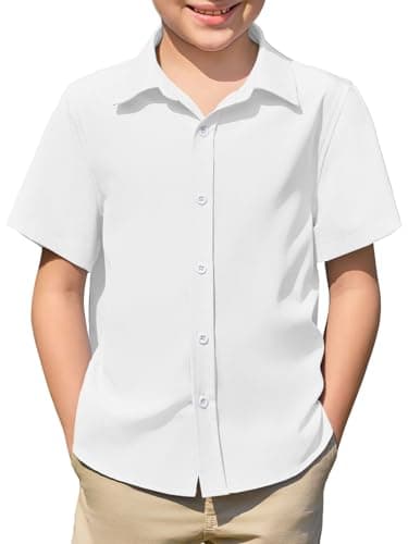 Image of Haloumoning Boys Short Sleeve Dress Shirts Kids Plain Summer School Uniform Button Down Shirt Casual Basic Easy Iron 5-14 Years, White, 13-14 Years