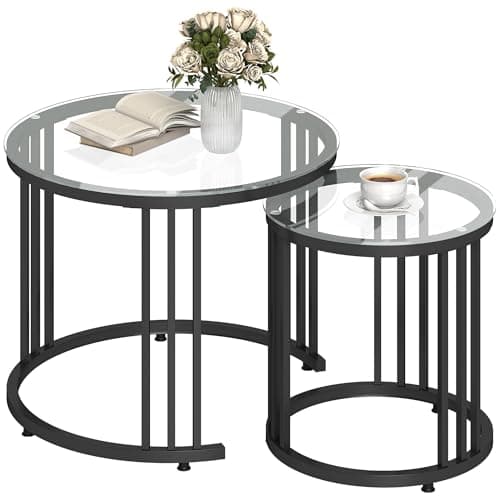 Image of HOMCOM Nest of Tables, Round Coffee Tables Set of 2 with Tempered Glass Top and Steel Frame for Living Room, Black