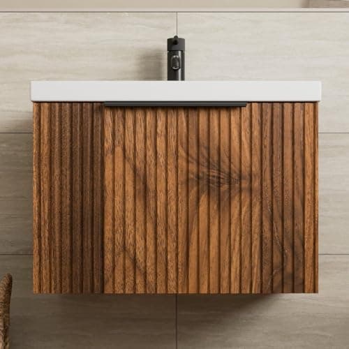 Image of BAYSTONE Fluted 600mm Bathroom Vanity Unit White Ceramic Basin Sink, Cloakroom Storage Furniture Cabinet Wall Hung Cupboard Soft Close, Black Handle, Walnut
