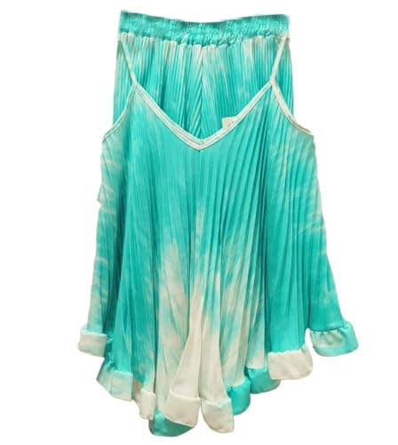 Image of FASHIONISM Womens Strappy Flared Pleated Tie Dye Cami Top and Frill Shorts Co ord 2Pcs Set Ladies Loungewear Tracksuit (Aqua UK 8-10)