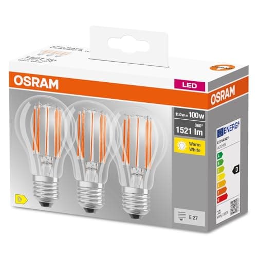 Image of OSRAM LED Base Classic A100, Clear Filament LED Lamps Made of Glass for E27 Base, Bulb Shape, Warm White (2700K), 1521 Lumen, Replacement for Conventional 100W Bulbs, Box of 3