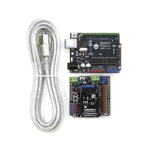 Image of DFRobot UNO R3 with IO Expansion Shield and 1m USB Cable A-B-Compatible with Arduino Uno R3 | ATmega328P-PU Microcontroller + ATMega16U2 USB Communication