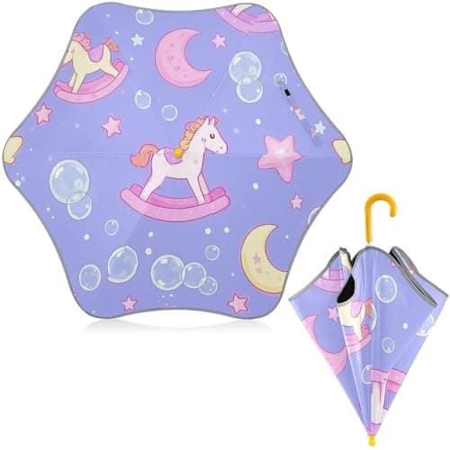 Image of Yoogain Cute Cartoon Rocking Horse Star Purple Peach Travel Umbrellas with Reflective Strip Wind and Rain Protection Umbrella with Easy-Grip Hook Handle for Girls Boys Toddlers Child