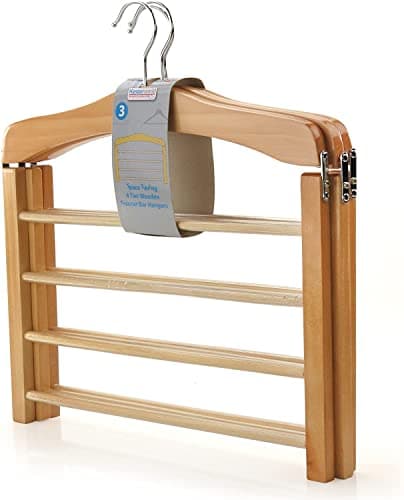 Image of Hangerworld 3 Pack of Wooden Trouser Hangers - Multifunctional 4 Tier Clothes Storage Organiser with Non Slip Bars