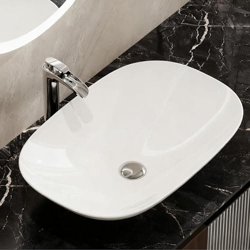Image of HOROW 60D×40W×16H Oval White Ceramic Countertop Vessel Sink Bathroom Basin, 5mm Slim Edge & Nano-Sealed Washing Bowl, Ideal for Modern Bathroom