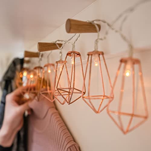 Image of Festive Lights 1.8m Rose Gold Metal Fairy Lights – 10 Warm White LEDs, Geometric Lantern String Lighting – Battery-Powered with 6 Hour Timer – Ideal for Bedrooms, Weddings, Parties & Christmas