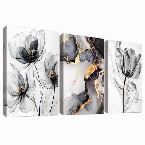Image of 3 Pcs Wooden Framed Canvas Wall Art Canvas Prints Watercolour Poppy Flowers Painting Marble Black Ash Gold Abstract Pictures for Living Room Bedroom Bathroom Home Wall Decoration 50x70 cm x3pcs