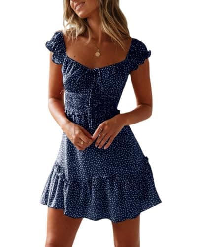 Image of Cicy Bell Women's Summer Dress Ruffle Sleeve Minidress with Sweetheart Neckline Sexy Short Sleeve Beach Dresses Navy Blue,S