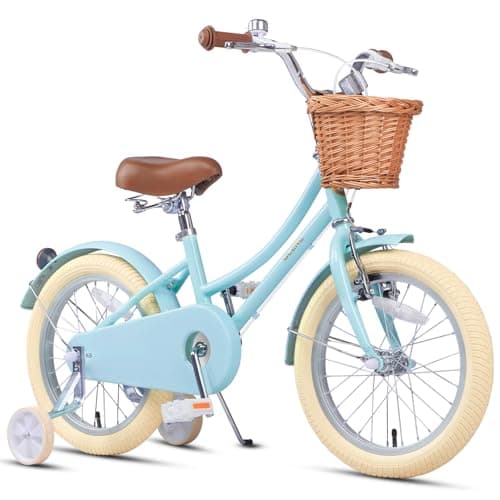 Image of Glerc Little Molly 16 Inch Kids Girls Bike for 4 5 6 7 Years Old Little Girls Retro Vintage Style Bicycles with Wicker Basket, Stabilisers and Bell for Birthday Gift, Blue