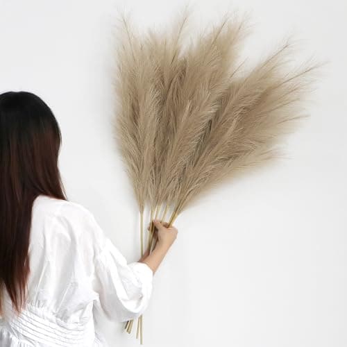 Image of YiYa Brown Pampas Grass Fluffy 6 Pcs Artificial Pampas Grass 113CM Faux Large Pampas Grass for Floor Vases Tall Plant Flowers Boho Home Decor