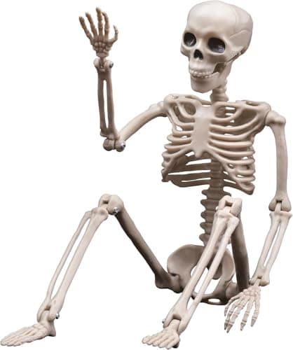 Image of HUIYELOVE 16" Poseable Halloween Skeleton Decor Realistic Bone Textured Plastic with Skull Hook, Hanging Decor for Spooky House & Graveyard Scenes
