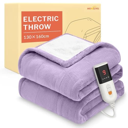 Image of HOMLYNS LuxeHeat Heated Blanket Electric Blanket, Soft Flannel Sherpa Heated Throw, Heating Blanket with 9 Heat Settings, 10 hrs Timer Auto Shut Off (160x130 cm, Purple)