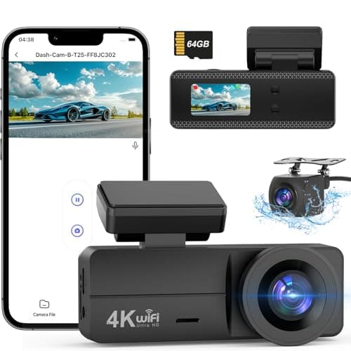 Image of DYNACAM Dash Cam Front and Rear 4K+1080P, Dash Cam Inserted 64GB SD Card, Built-in WiFi Dash Camera for Cars, Super Night Vision Dashcam, 24H Parking Mode, G-Sensor, Loop Recording Car Camera
