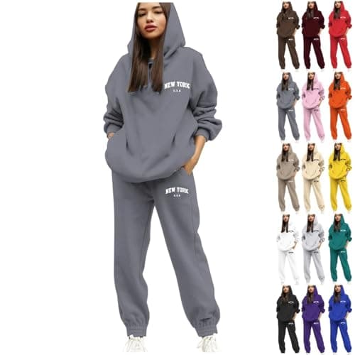 Image of Tracksuit Womens Full Set UK 2 Piece Long Sleeve Hooded Sweatshirt and Sweatpant New York Letter Print Jogger Set Cuffed Jogging Trouser with Drawstring Pocket Airport Outfit Loungewear Gym Activewear