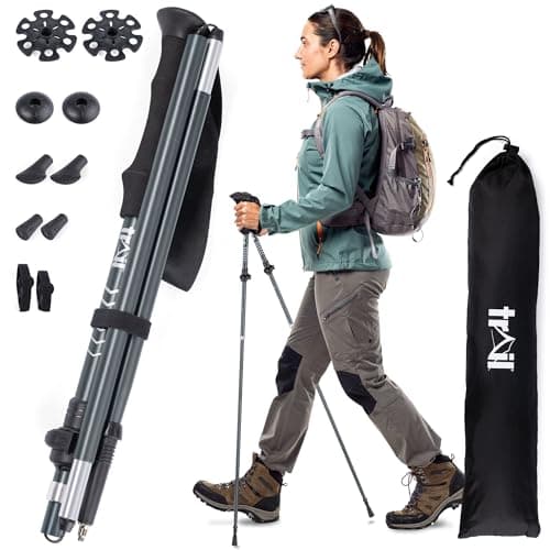 Image of Trail Folding Walking Poles 2 Pack – Lightweight Aluminium Trekking & Hiking Sticks, Adjustable Fliplock Design, Tungsten Tips with Mud, Snow, Rubber & Boot Attachments for All Terrains, 120–135cm