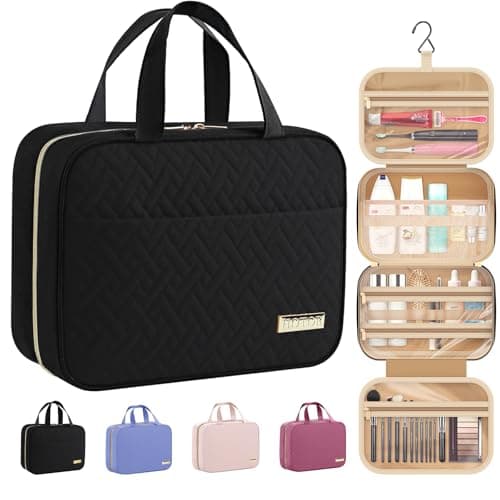 Image of HOTOR Travel Toiletry Bag - Toiletry Bags for Women with Hanging Hook - Spacious Travel Bags for Women/Big Comparment, Makeup Bag Waterproof Travel Essentials, Black, 28.4 x 22.6 x 8.1 cm