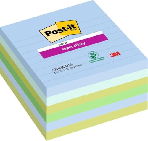 Image of Post-it Super Sticky Large Notes, Lined, 540 Sheets, Pack of 6 Pads, 101 mm x 101 mm - Holds Strong to Many Surfaces - Blue, Green - for Walls, Monitors and Fridge, Recycable