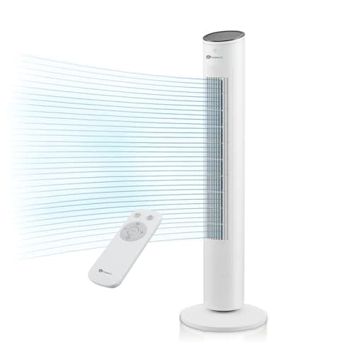 Image of PureMate 43-inch Tower Fan with Remote control, Oscillating Silent Bladeless Floor Fan, 3 Speeds, 7-Hour Timer, Powerful 40W Electric Standing Fan, Portable Quiet & Ideal for Bedroom, White