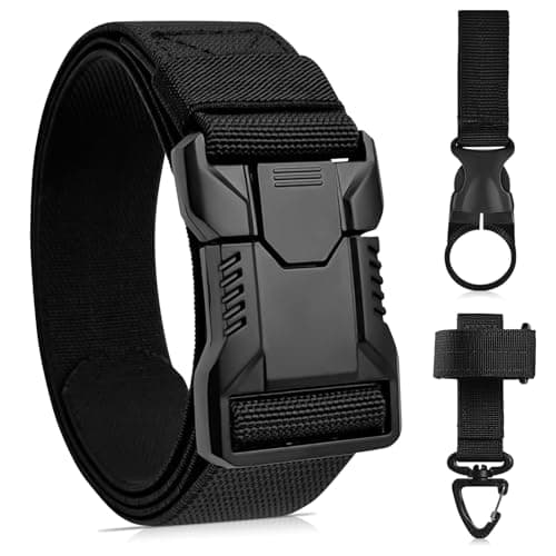 Image of ZOCONE Black Quick Release Military Tactical Belt with 2 Velcro Hooks Adjustable Size Mens Belts Canvas 120cm/47.24in Stretch Mens Elasticated Belt for Work, Sports, Travel No Metal Work Belts for Men