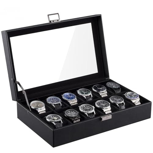 Image of ProCase 12 Slot Watch Case Box for Men, PU leather Man Watch Organizer with Soft Pillow, Lockable Watch Collection Storage Holder with Glass Display Lid -AllBlack