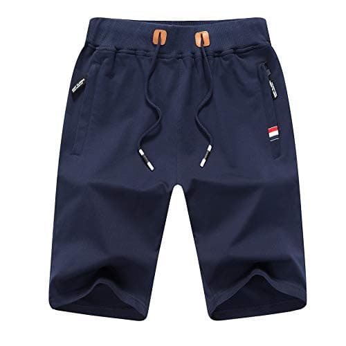 Image of ZOXOZ Mens Shorts Gym Running Sports Summer Cotton Casual Joggers Shorts with Elasticated Waist Zipper Pockets Blue 2XL