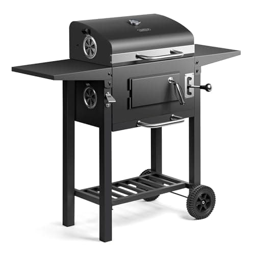 Image of VonHaus Charcoal BBQ – Barbecue with Warming Rack, Adjustable Height, Temperature Gauge – Portable, Ash Catcher, Additional Storage Shelf, 2 Foldable Side Tables, Wheels – Grill Meat, Fish & Veg
