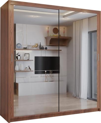 Image of SLIDING WARDROBE 4U Double Mirror Sliding Door Wardrobe with LED LIGHT 90/120/150/180/203 (Walnut, 180cm)