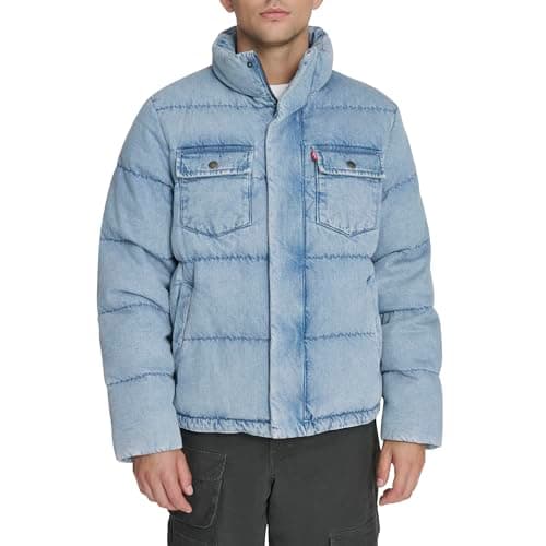 Image of Levi's Men's Mixed Media Quilted Puffer Jacket with Sherpa Lined Collar (Regular and Big & Tall Sizes), Light Wash Denim, Large