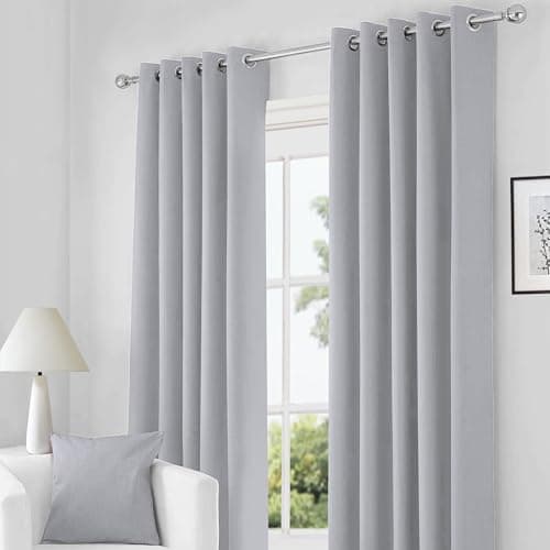 Image of RayyanLinen Readymade Blackout Thermal Eyelet Ring Top Pair of Curtains Including 2 free Tiebacks (GREY SILVER, Width 66" x Drop 90")