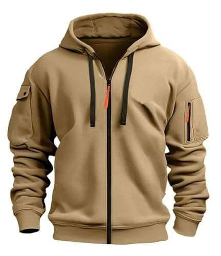 Image of MakingDa Mens Hoodie Long Sleeve Pullover Zipped Pocket Cuffed Shirts Hoody Fleece Slim Fit Casual Winter Hooded Sweatshirts Khaki M
