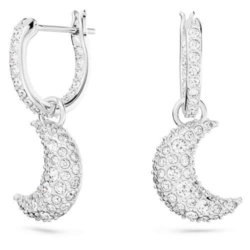 Image of Swarovski Luna Drop Earrings, Crescent Moon Motif with White Pavé Stones in a Rhodium Plated Setting, from the Swarovski Luna Collection