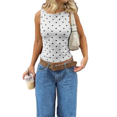 Image of YILEEGOO Women's Polka Dot Tank Tops Boat Neck Tight Going Out Y2k Tops Slim Fit Blouses Summer Vest Shirt Streetwear (Black Dots White, M)