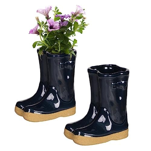 Image of Dibor Plant Pots Set of 2 Dark Blue Ceramic Wellington Boot Plant Pot Herb Flower Planters Fathers Day Gardening Gift (CR10)