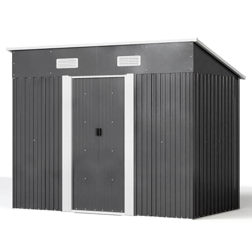 Image of XEMQENER 8 x 4 FT Metal Garden Shed with Base, Lockable Waterproof Outdoor Storage Tool Shed with Pent Roof & Air Vents for Backyard Garden - 238x131x182 cm, Anthracite Grey